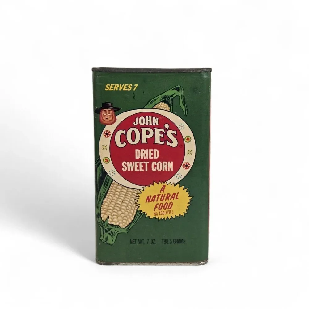 Vintage John Cope’s Dried Sweet‎ Corn Tin Can Mid Century Green Food Advertising